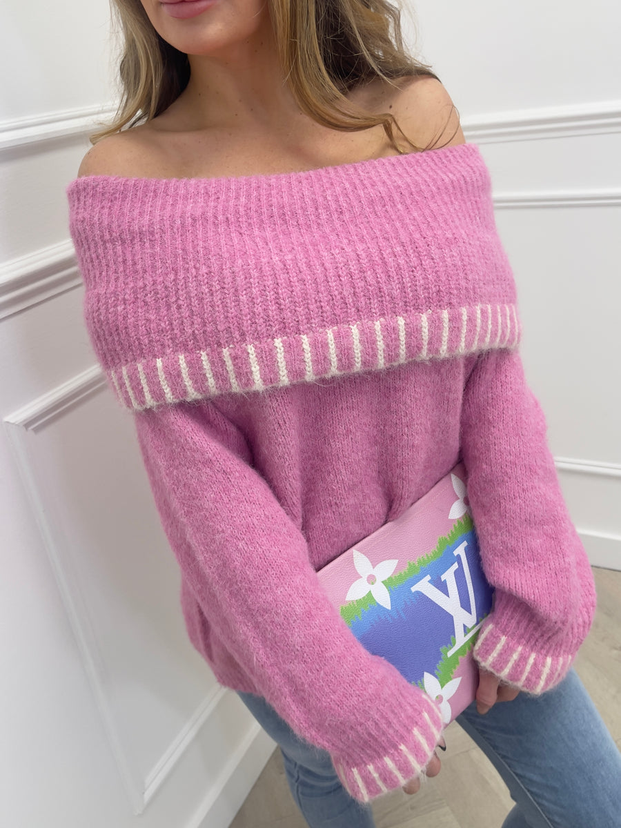 Tally pink stitch off shoulder jumper