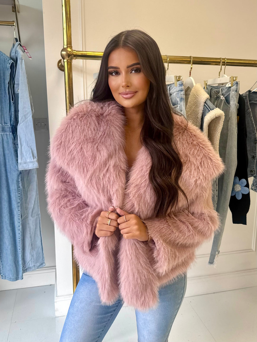 Arielle dusky pink faux fur jacket